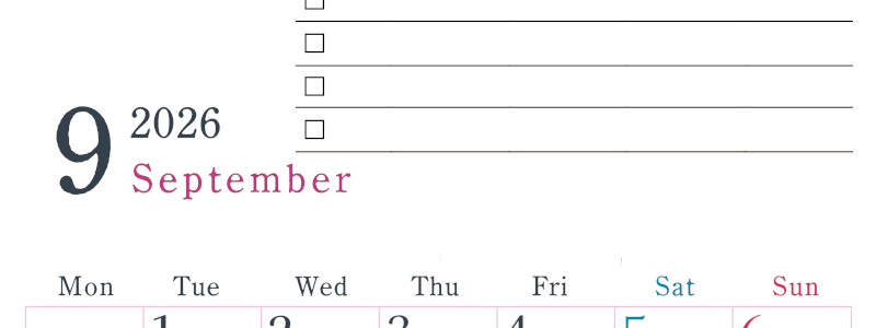 2026年9月カレンダーは縦型月曜始まりで使い方はシンプルなToDoリストつき♪無料ダウンロード・A4印刷(2026-01440911)