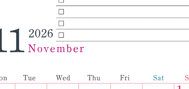 2026年11月カレンダーは縦型月曜始まりで使い方はシンプルなToDoリストつき♪無料ダウンロード・A4印刷(2026-01441111)