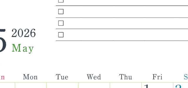 2026年5月カレンダーは縦型日曜始まりで使い方はシンプルなToDoリストつき♪無料ダウンロード・A4印刷(2026-01440510)