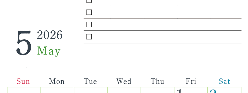 2026年5月カレンダーは縦型日曜始まりで使い方はシンプルなToDoリストつき♪無料ダウンロード・A4印刷(2026-01440510)