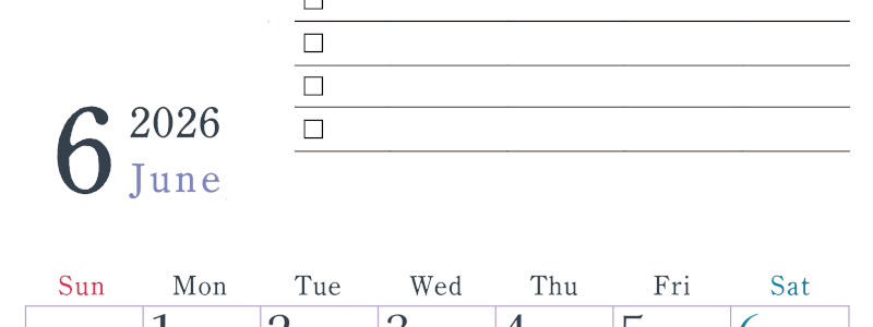 2026年6月カレンダーは縦型日曜始まりで使い方はシンプルなToDoリストつき♪無料ダウンロード・A4印刷(2026-01440610)