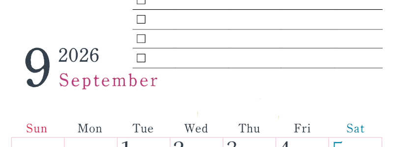 2026年9月カレンダーは縦型日曜始まりで使い方はシンプルなToDoリストつき♪無料ダウンロード・A4印刷(2026-01440910)