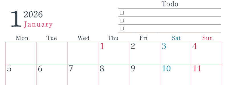 2026年1月カレンダーは横型月曜始まりで使い方はシンプルなToDoリストつき♪無料ダウンロード・A4印刷(2026-01440101)