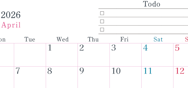 2026年4月カレンダーは横型月曜始まりで使い方はシンプルなToDoリストつき♪無料ダウンロード・A4印刷(2026-01440401)