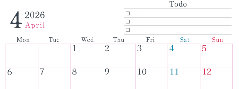 2026年4月カレンダーは横型月曜始まりで使い方はシンプルなToDoリストつき♪無料ダウンロード・A4印刷(2026-01440401)