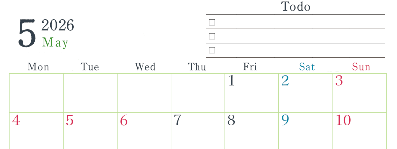 2026年5月カレンダーは横型月曜始まりで使い方はシンプルなToDoリストつき♪無料ダウンロード・A4印刷(2026-01440501)