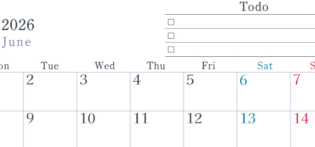 2026年6月カレンダーは横型月曜始まりで使い方はシンプルなToDoリストつき♪無料ダウンロード・A4印刷(2026-01440601)