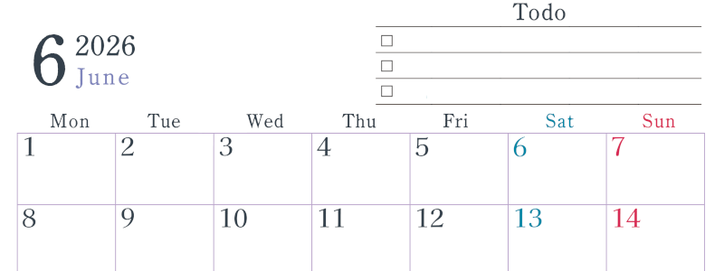 2026年6月カレンダーは横型月曜始まりで使い方はシンプルなToDoリストつき♪無料ダウンロード・A4印刷(2026-01440601)