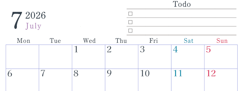 2026年7月カレンダーは横型月曜始まり でベージュの花がおしゃれ：無料(2026-01440701)