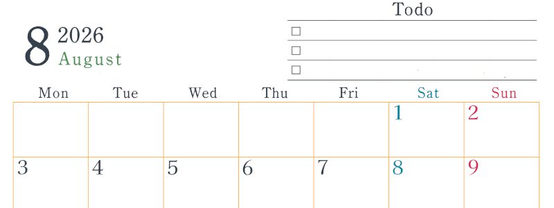 2026年8月カレンダーは横型月曜始まりで使い方はシンプルなToDoリストつき♪無料ダウンロード・A4印刷(2026-01440801)