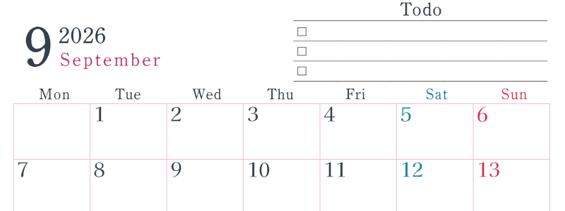 2026年9月カレンダーは横型月曜始まりで使い方はシンプルなToDoリストつき♪無料ダウンロード・A4印刷(2026-01440901)