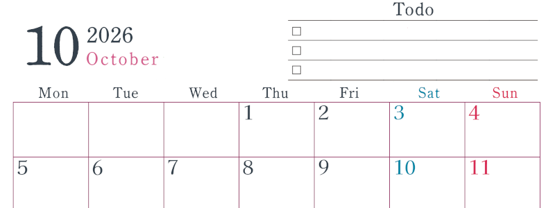 2026年10月カレンダーは横型月曜始まりで使い方はシンプルなToDoリストつき♪無料ダウンロード・A4印刷(2026-01441001)