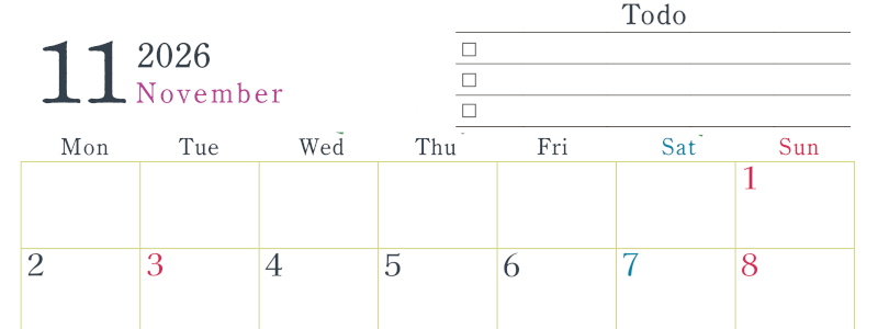 2026年11月カレンダーは横型月曜始まりで使い方はシンプルなToDoリストつき♪無料ダウンロード・A4印刷(2026-01441101)