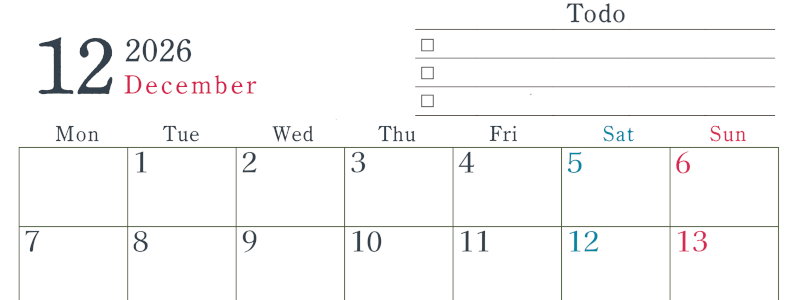 2026年12月カレンダーは横型月曜始まりで使い方はシンプルなToDoリストつき♪無料ダウンロード・A4印刷(2026-01441201)