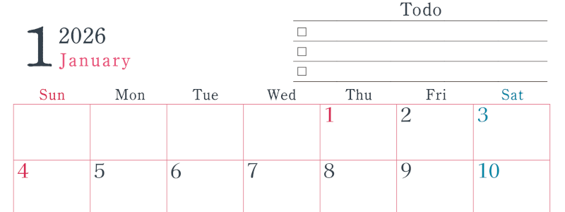 2026年1月カレンダーは横型日曜始まりで使い方はシンプルなToDoリストつき♪無料ダウンロード・A4印刷(2026-01440100)