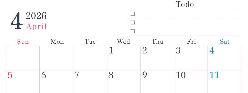 2026年4月カレンダーは横型日曜始まりで使い方はシンプルなToDoリストつき♪無料ダウンロード・A4印刷(2026-01440400)