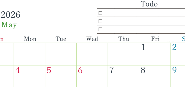 2026年5月カレンダーは横型日曜始まりで使い方はシンプルなToDoリストつき♪無料ダウンロード・A4印刷(2026-01440500)