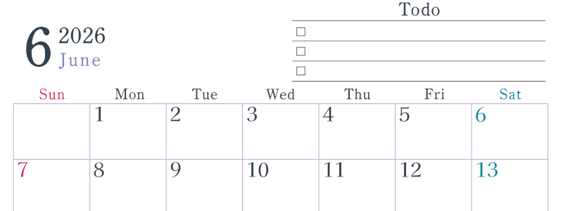 2026年6月カレンダーは横型日曜始まりで使い方はシンプルなToDoリストつき♪無料ダウンロード・A4印刷(2026-01440600)