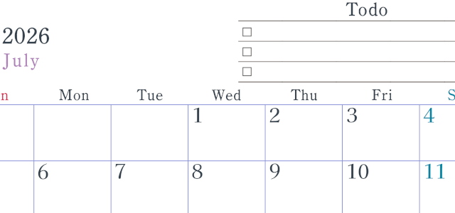 2026年7月カレンダーは横型日曜始まりで使い方はシンプルなToDoリストつき♪無料ダウンロード・A4印刷(2026-01440700)