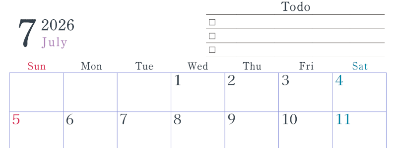 2026年7月カレンダーは横型日曜始まりで使い方はシンプルなToDoリストつき♪無料ダウンロード・A4印刷(2026-01440700)