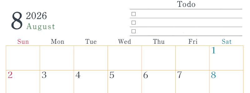 2026年8月カレンダーは横型日曜始まりで使い方はシンプルなToDoリストつき♪無料ダウンロード・A4印刷(2026-01440800)