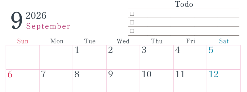 2026年9月カレンダーは横型日曜始まりで使い方はシンプルなToDoリストつき♪無料ダウンロード・A4印刷(2026-01440900)