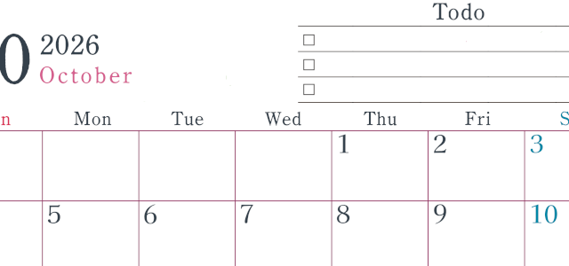 2026年10月カレンダーは横型日曜始まりで使い方はシンプルなToDoリストつき♪無料ダウンロード・A4印刷(2026-01441000)