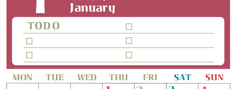 2026年1月カレンダーは縦型月曜始まり♪ToDoリストで勉強や自己啓発の継続を／A4無料(2026-01450111)