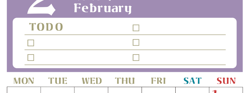 2026年2月カレンダーは縦型月曜始まり♪ToDoリストで勉強や自己啓発の継続を／A4無料(2026-01450211)