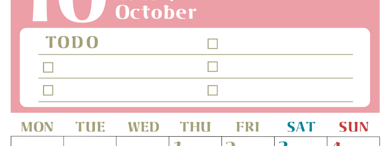 2026年10月カレンダーは縦型月曜始まり♪ToDoリストで勉強や自己啓発の継続を／A4無料(2026-01451011)