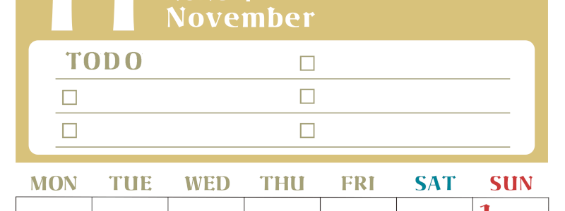 2026年11月カレンダーは縦型月曜始まり♪ToDoリストで勉強や自己啓発の継続を／A4無料(2026-01451111)