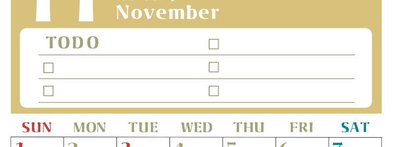 2026年11月カレンダーは縦型日曜始まり♪ToDoリストで勉強や自己啓発の継続を／A4無料(2026-01451110)
