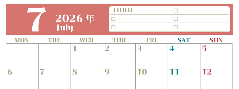 2026年7月カレンダーは横型月曜始まり でベージュの花がおしゃれ：無料(2026-01450701)