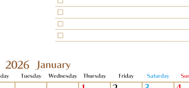 2026年1月カレンダーは縦型月曜始まりでToDoリストもあるのでスケジュール計画がしやすい：無料(2026-01460111)