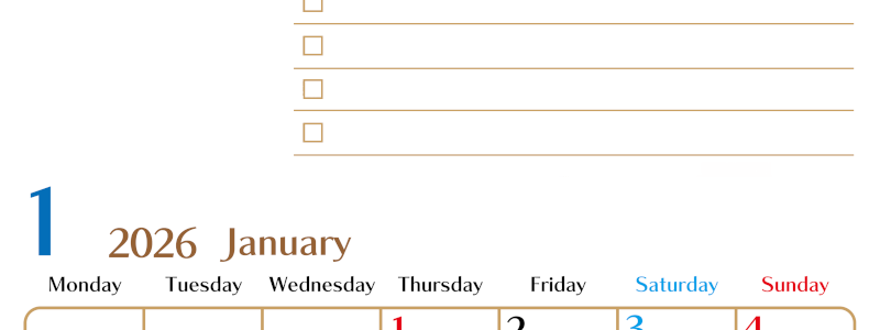 2026年1月カレンダーは縦型月曜始まりでToDoリストもあるのでスケジュール計画がしやすい：無料(2026-01460111)