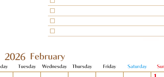 2026年2月カレンダーは縦型月曜始まりでToDoリストもあるのでスケジュール計画がしやすい：無料(2026-01460211)