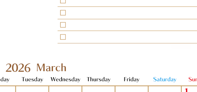 2026年3月カレンダーは縦型月曜始まりでToDoリストもあるのでスケジュール計画がしやすい：無料(2026-01460311)