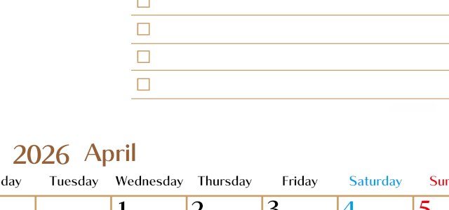 2026年4月カレンダーは縦型月曜始まりでToDoリストもあるのでスケジュール計画がしやすい：無料(2026-01460411)