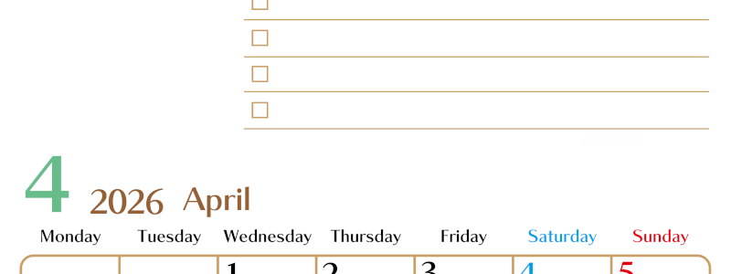 2026年4月カレンダーは縦型月曜始まりでToDoリストもあるのでスケジュール計画がしやすい：無料(2026-01460411)