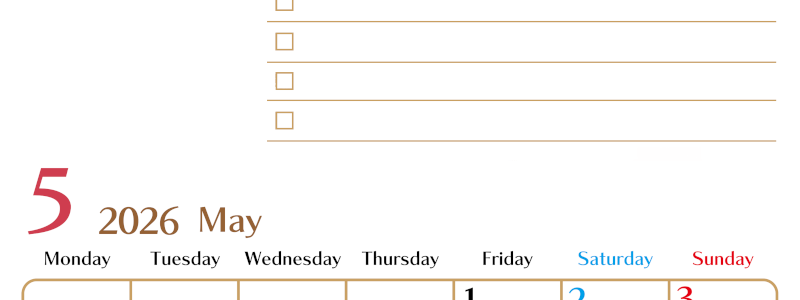 2026年5月カレンダーは縦型月曜始まりでToDoリストもあるのでスケジュール計画がしやすい：無料(2026-01460511)
