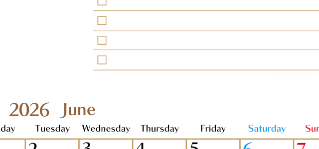 2026年6月カレンダーは縦型月曜始まりでToDoリストもあるのでスケジュール計画がしやすい：無料(2026-01460611)