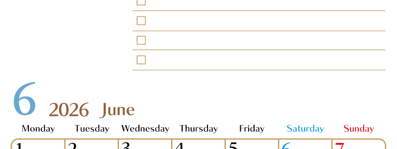 2026年6月カレンダーは縦型月曜始まりでToDoリストもあるのでスケジュール計画がしやすい：無料(2026-01460611)