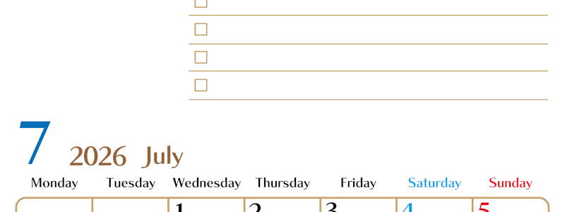 2026年7月カレンダーは縦型月曜始まり でベージュの花がおしゃれ：無料(2026-01460711)