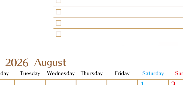 2026年8月カレンダーは縦型月曜始まりでToDoリストもあるのでスケジュール計画がしやすい：無料(2026-01460811)