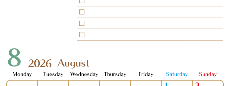 2026年8月カレンダーは縦型月曜始まりでToDoリストもあるのでスケジュール計画がしやすい：無料(2026-01460811)