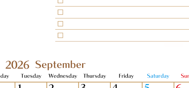 2026年9月カレンダーは縦型月曜始まりでToDoリストもあるのでスケジュール計画がしやすい：無料(2026-01460911)