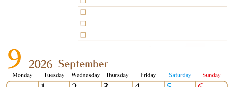 2026年9月カレンダーは縦型月曜始まりでToDoリストもあるのでスケジュール計画がしやすい：無料(2026-01460911)