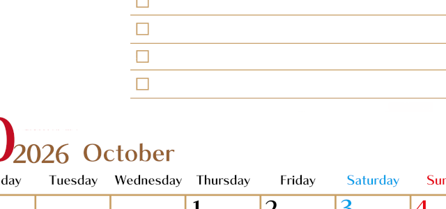 2026年10月カレンダーは縦型月曜始まりでToDoリストもあるのでスケジュール計画がしやすい：無料(2026-01461011)