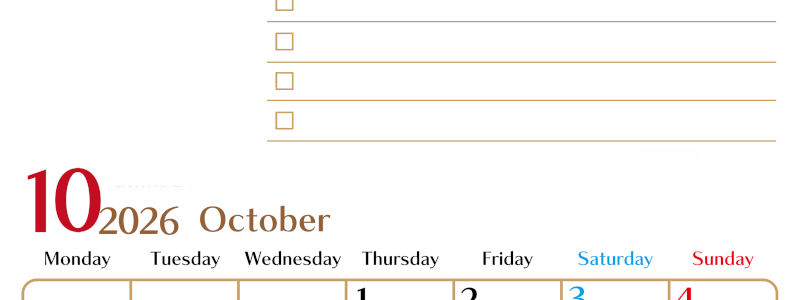 2026年10月カレンダーは縦型月曜始まりでToDoリストもあるのでスケジュール計画がしやすい：無料(2026-01461011)