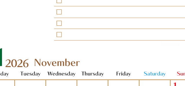 2026年11月カレンダーは縦型月曜始まりでToDoリストもあるのでスケジュール計画がしやすい：無料(2026-01461111)